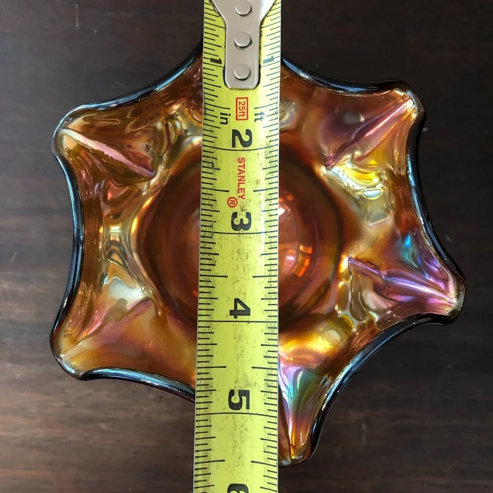Vintage Marigold Iridescent Carnival Glass Ruffled Pedestal Candy‎ Dish Bowl MCM